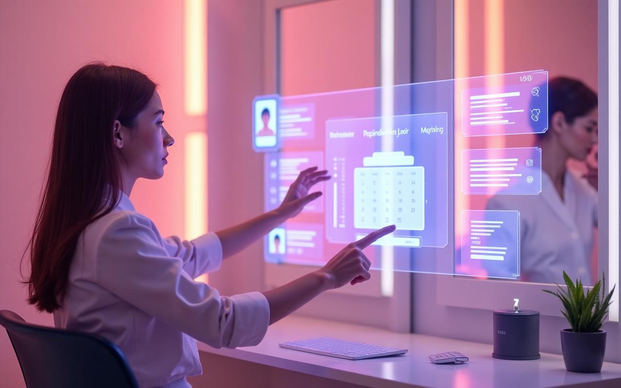 Salon professional using AI call system with appointment calendar and customer inquiries